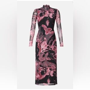 Prabal Gurung Sz XS Pink Floral Print Abstract Mesh Midi Dress